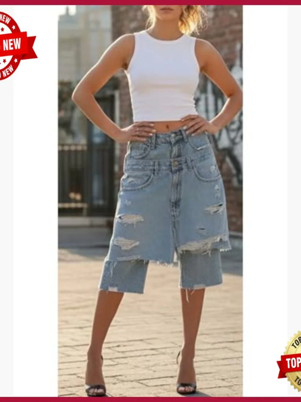 High Waisted Baggy Wide Leg Ripped Patchwork Bermuda Denim Shorts Cargo Y2k
